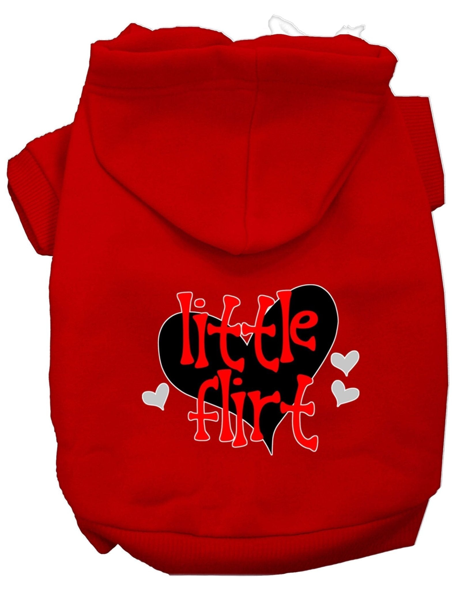 Red pet hoodie with hood and 'Little Flirt' heart graphic