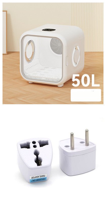 Pet drying box 50L with front view and travel adapter plug set
