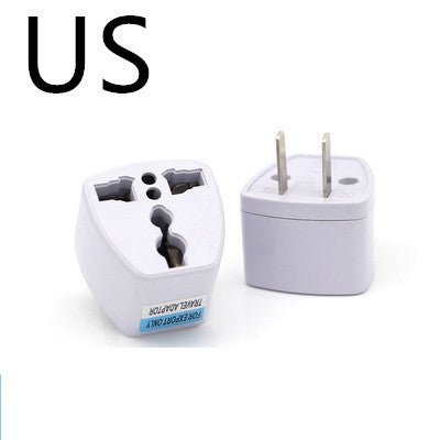 US travel adapter plug with universal prong head and compact white housing