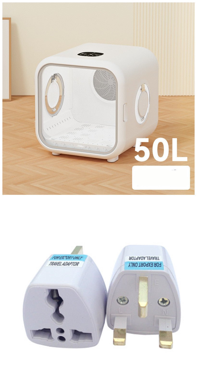 Automatic pet drying box, 50L white with circular vents and dual plug adapters