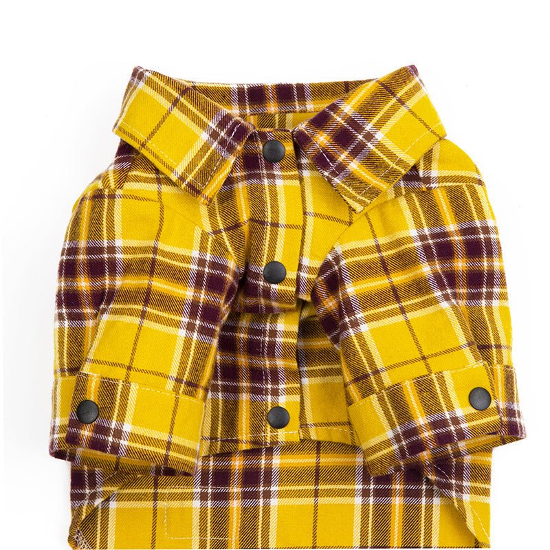 Yellow plaid pet shirt with button placket and wide collar