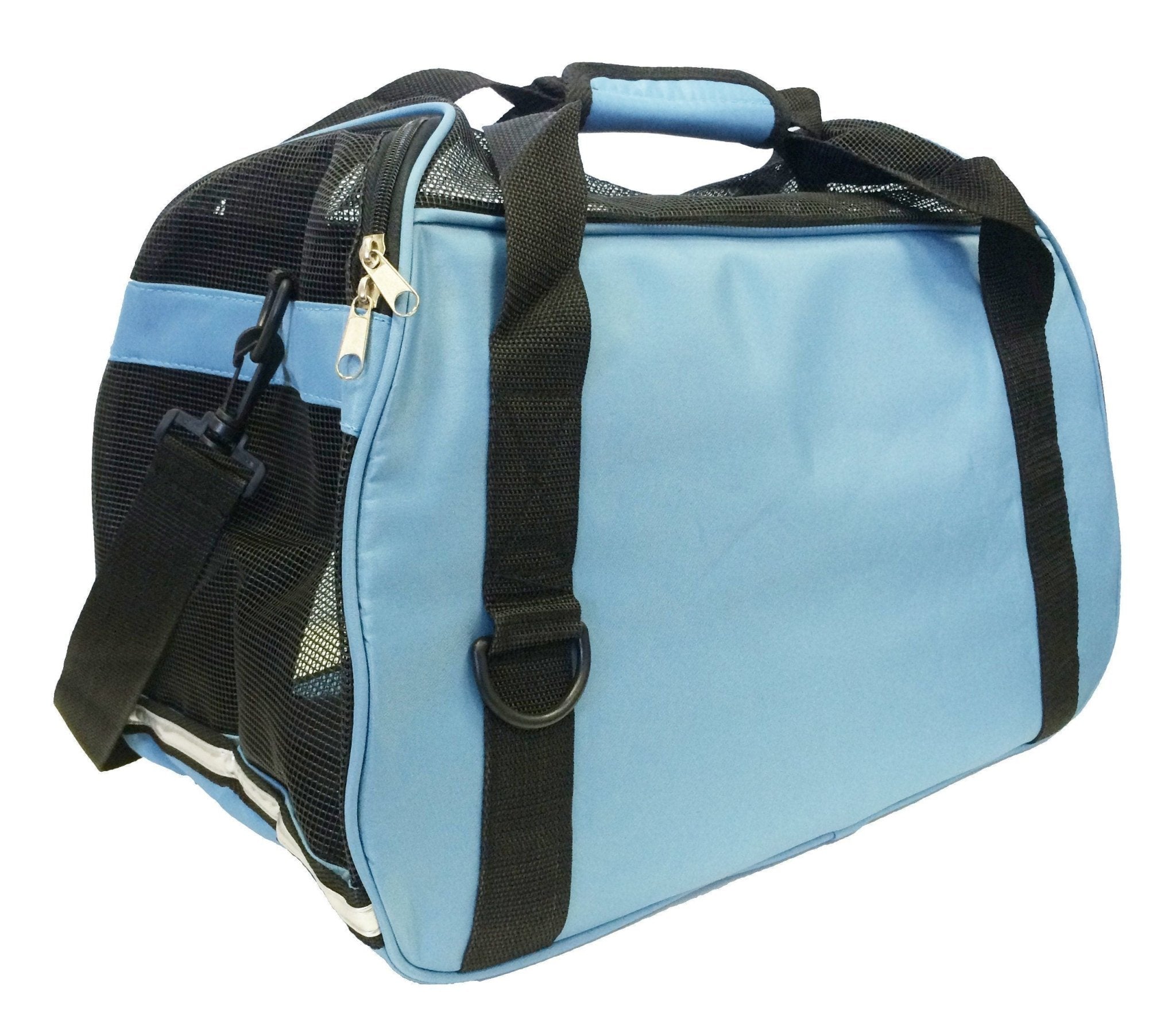 Airline-approved blue pet dog carrier with front zipper, black straps, and mesh side panel