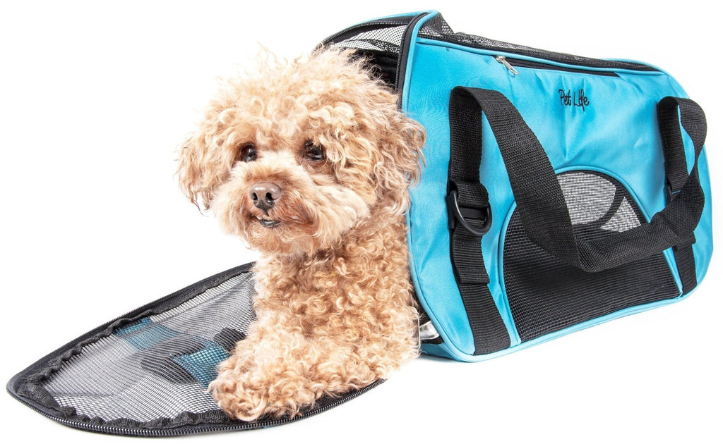 Blue pet dog carrier with open zipper, black front mesh, and shoulder handle straps
