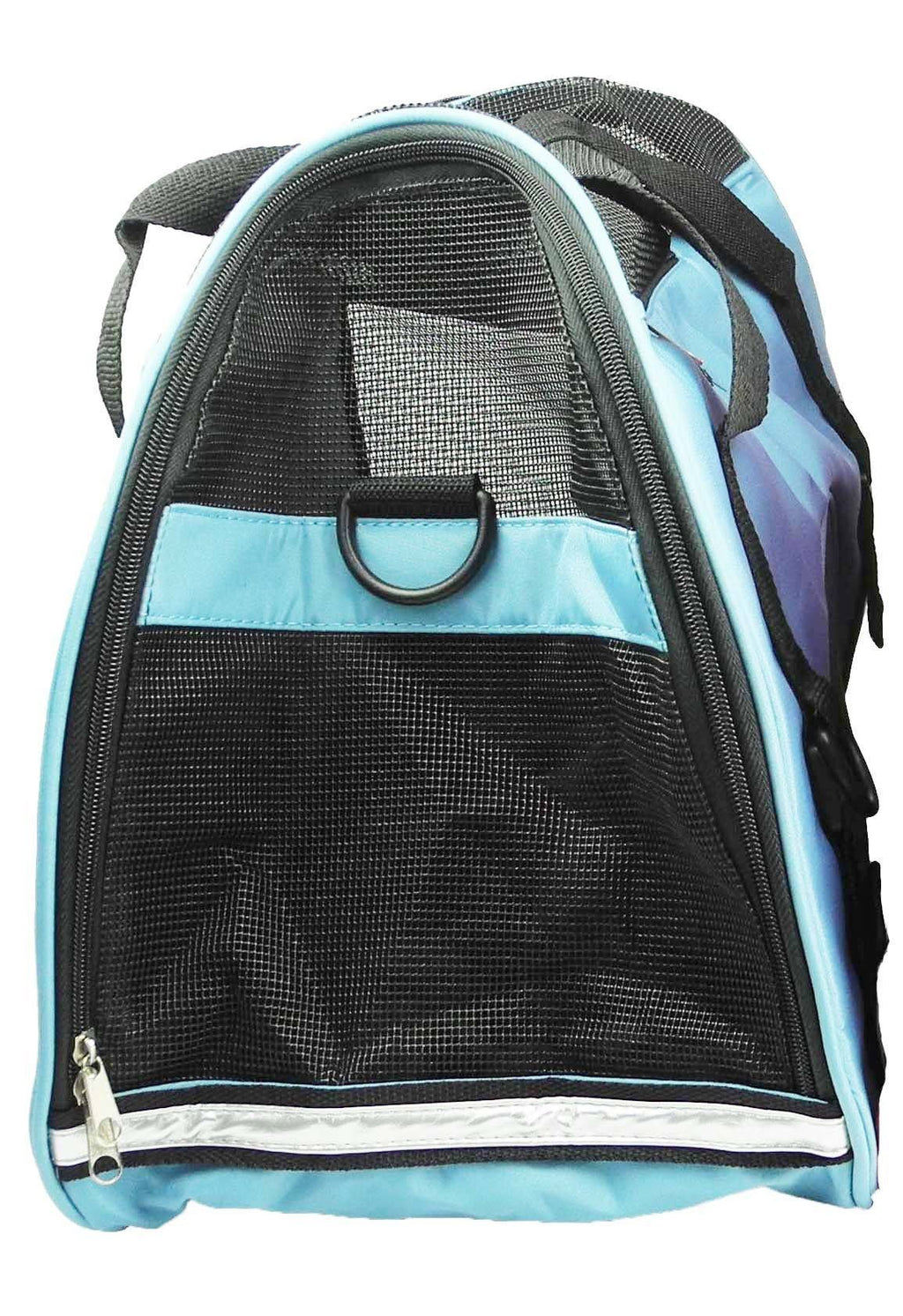 Blue pet dog carrier with black mesh front, zipper edge trim, and adjustable shoulder strap