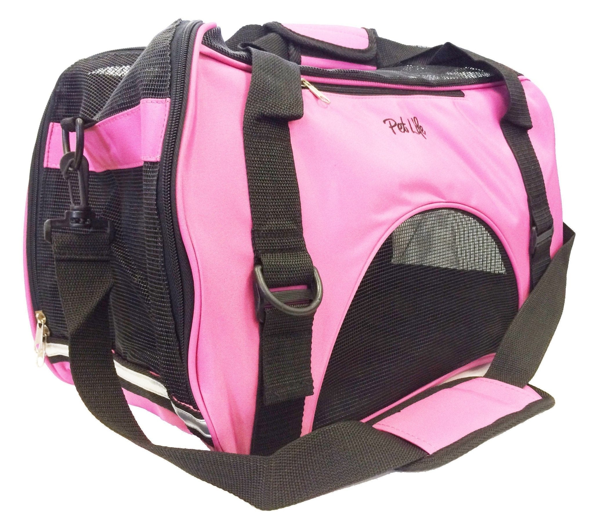 Pink pet dog carrier with black mesh window, front zipper track, and webbing straps