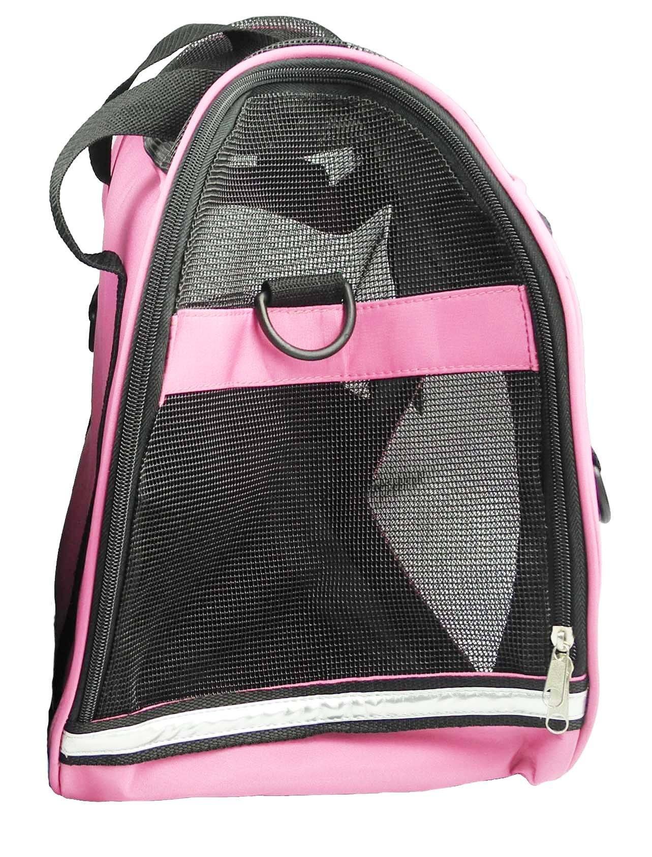 Pink pet dog carrier with black mesh side panel and front zipper with metal pull