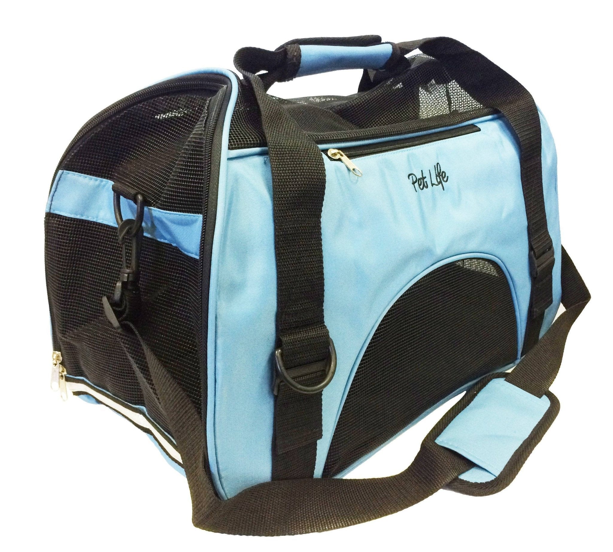 Blue pet dog carrier with black end panels, front zipper, and adjustable shoulder strap