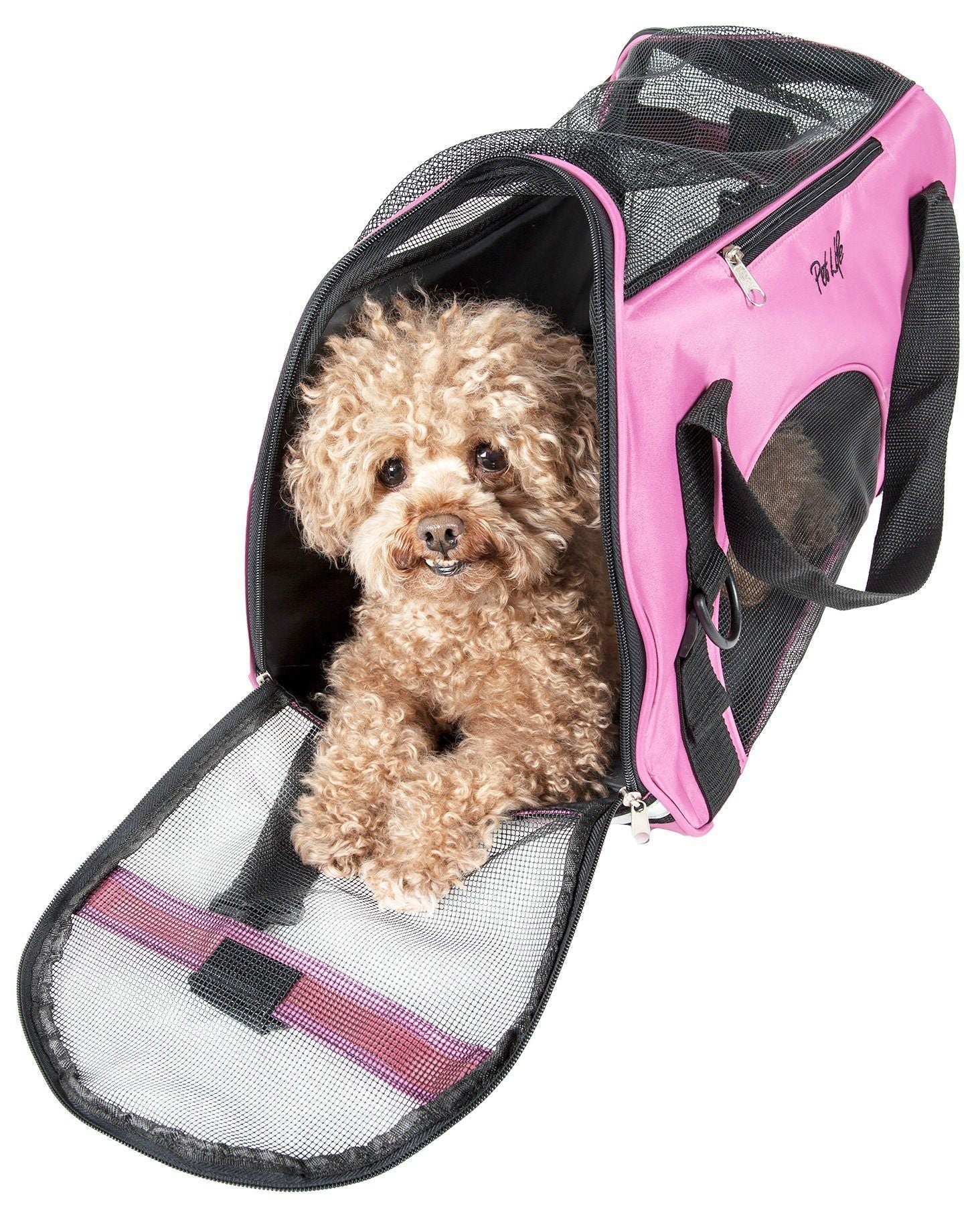 Pink pet dog carrier with open front, black mesh panel, and padded handle straps