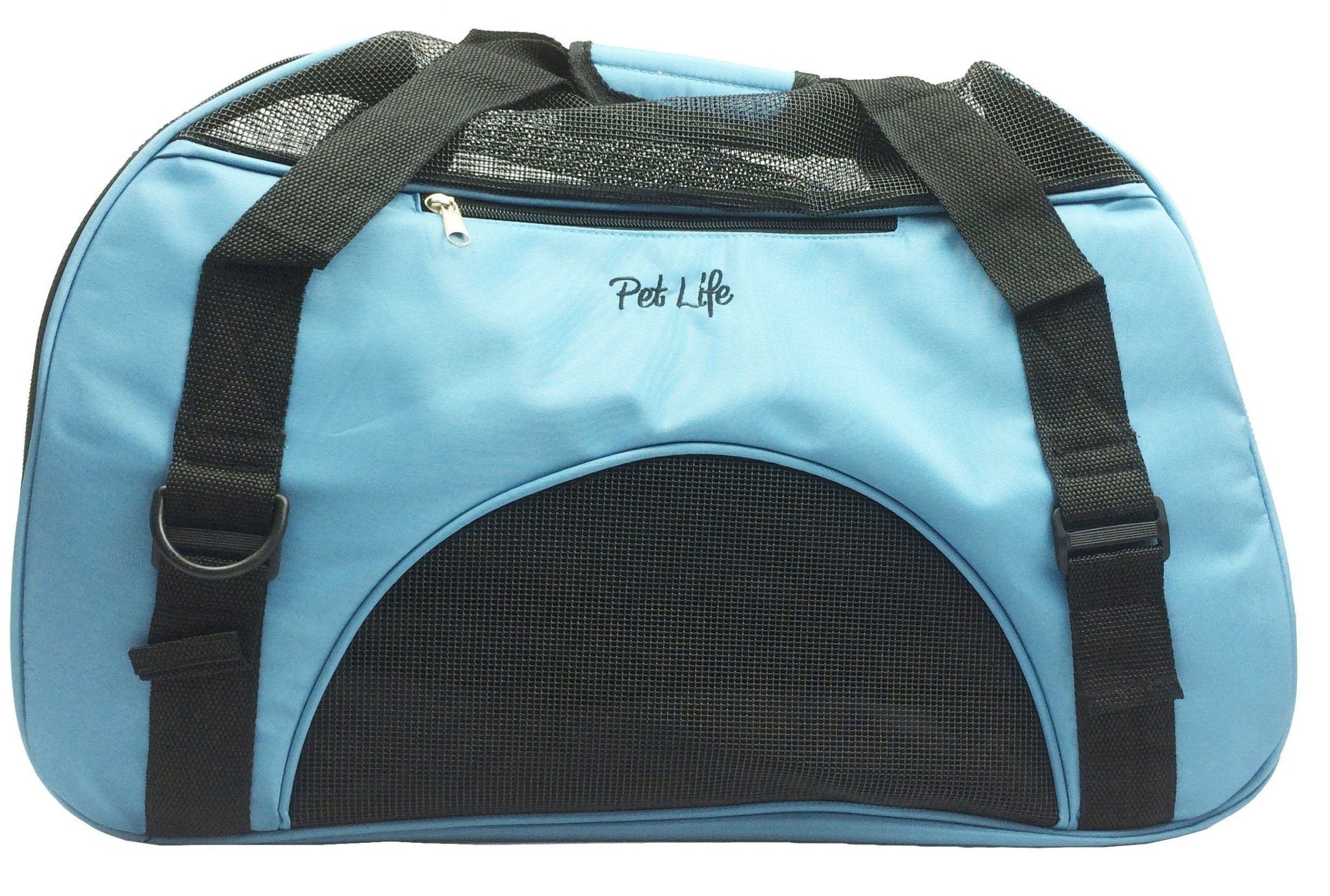 Blue pet dog carrier with top handle, front mesh panel, and black adjustable straps