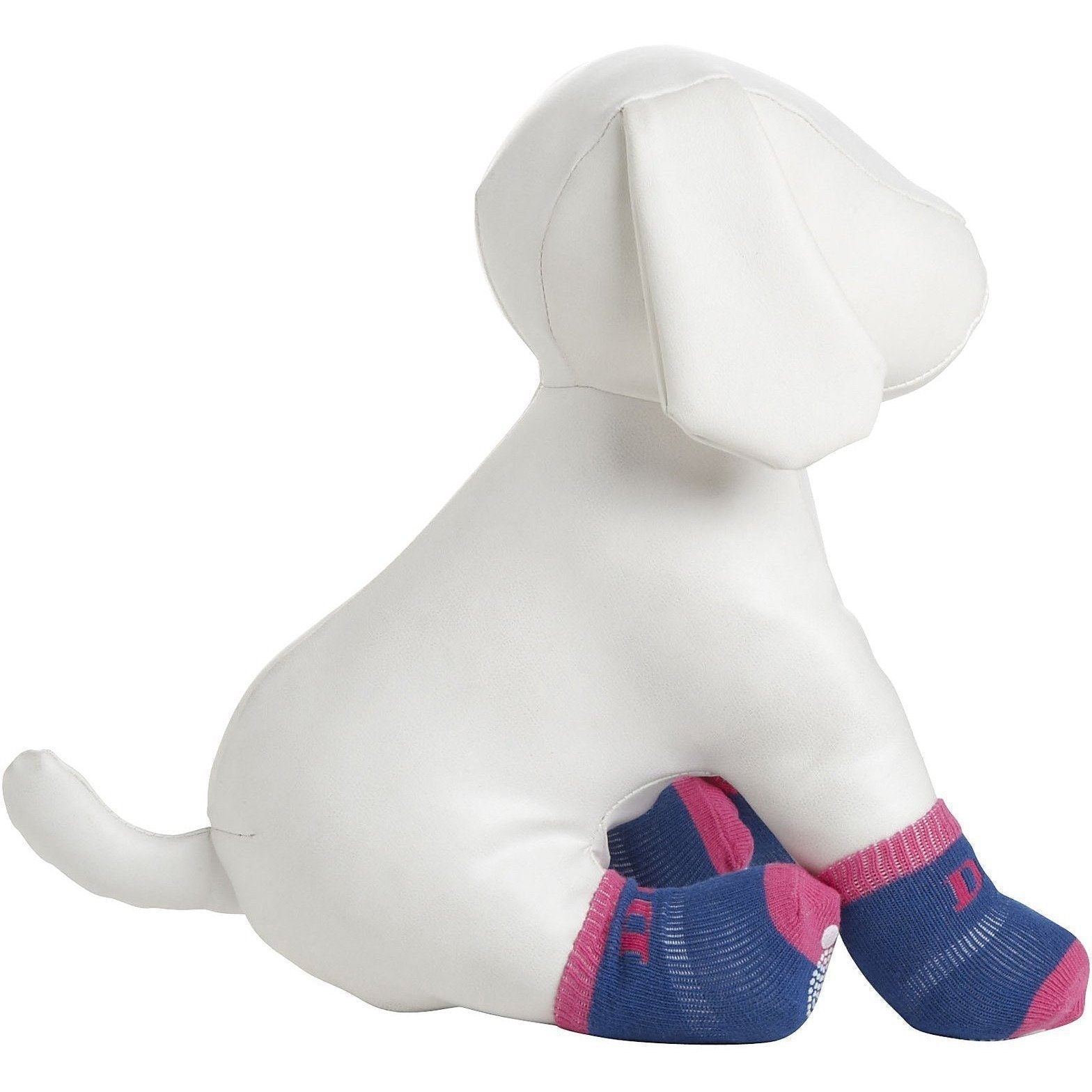 Pet dog socks with blue knit and pink trim stripes, grippy toe pads