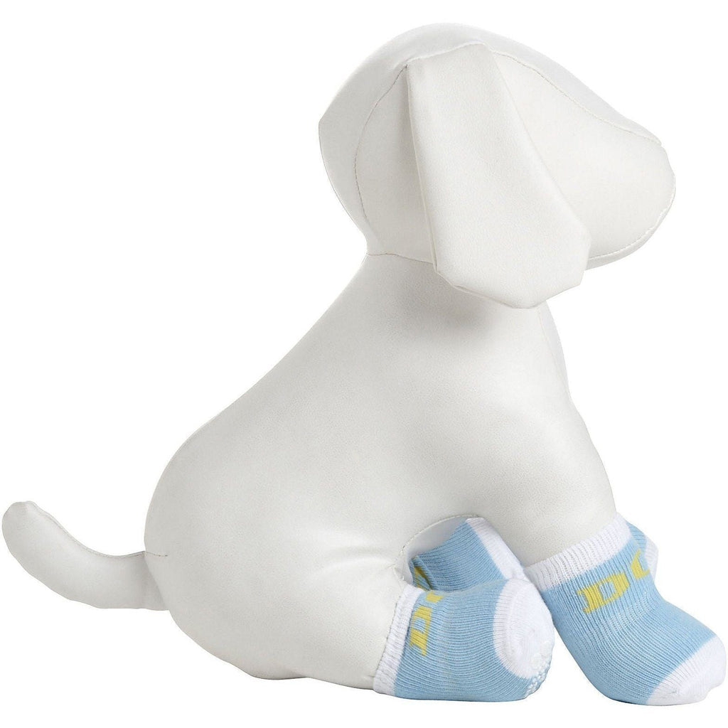 Pet dog socks in light blue and white stripes with grippy, breathable stretch knit