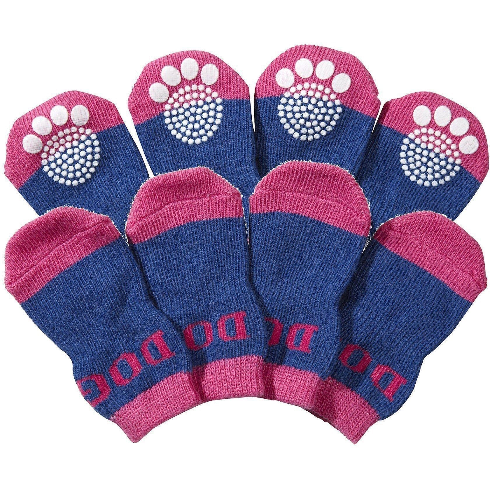 Set of blue and pink pet dog socks with paw-print grippers on the toes