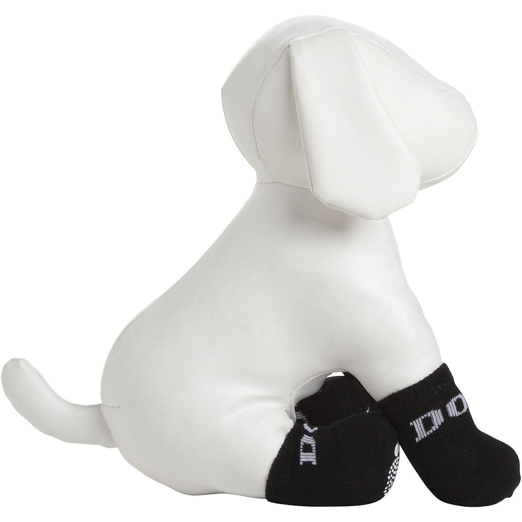 Pet dog socks in black knit with white grip-text branding on the toe and heel