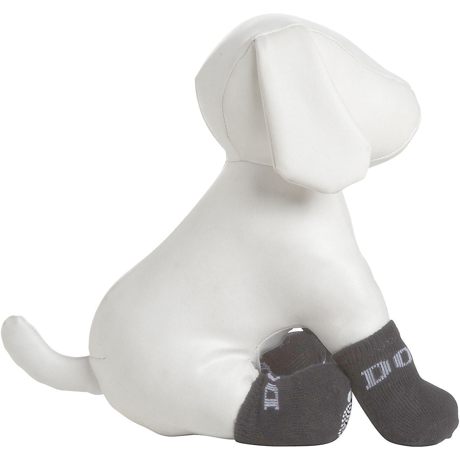 Pet dog socks in dark gray with grippy toe pads and white logo-style text