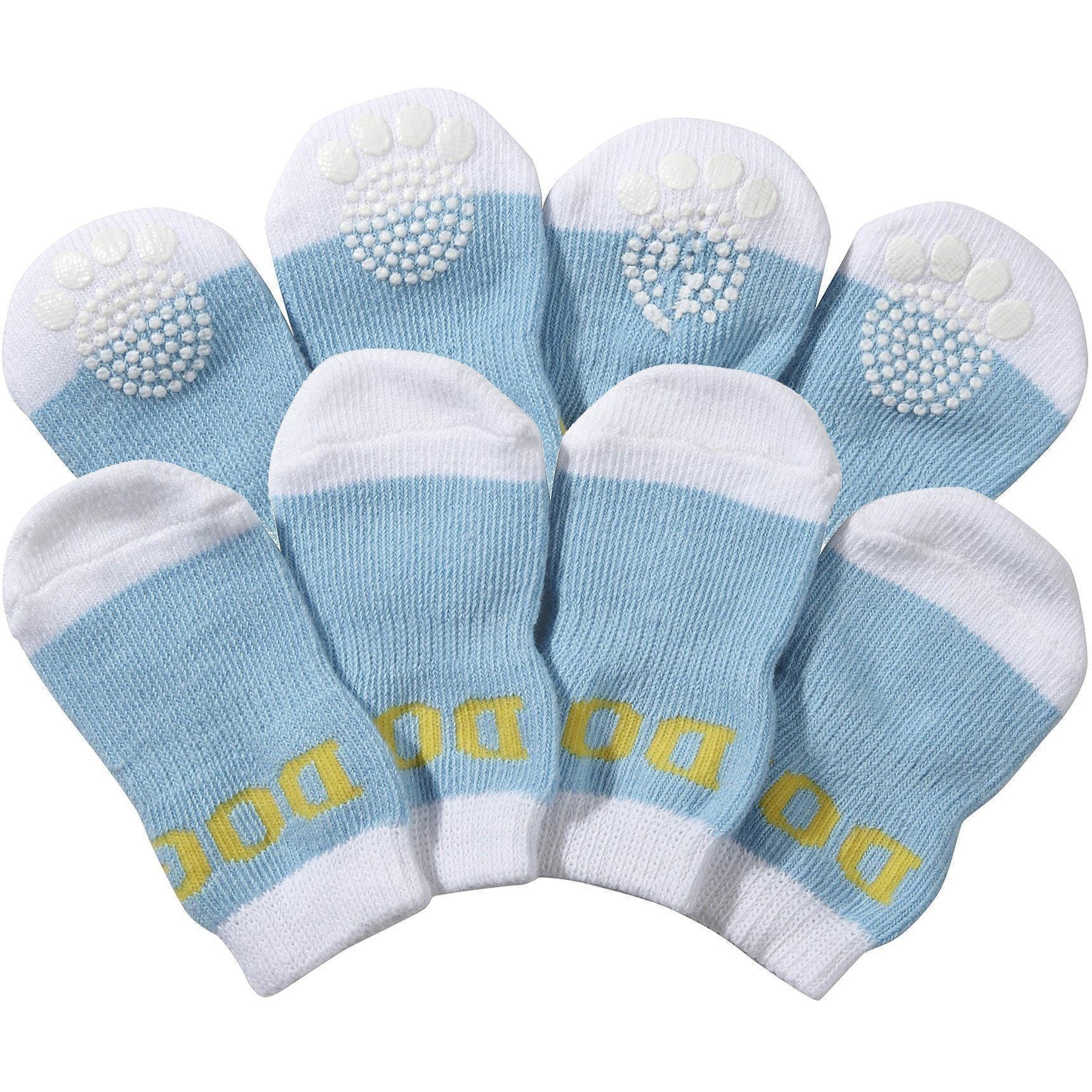 Set of light blue and white pet dog socks with paw-print grippers on the toes