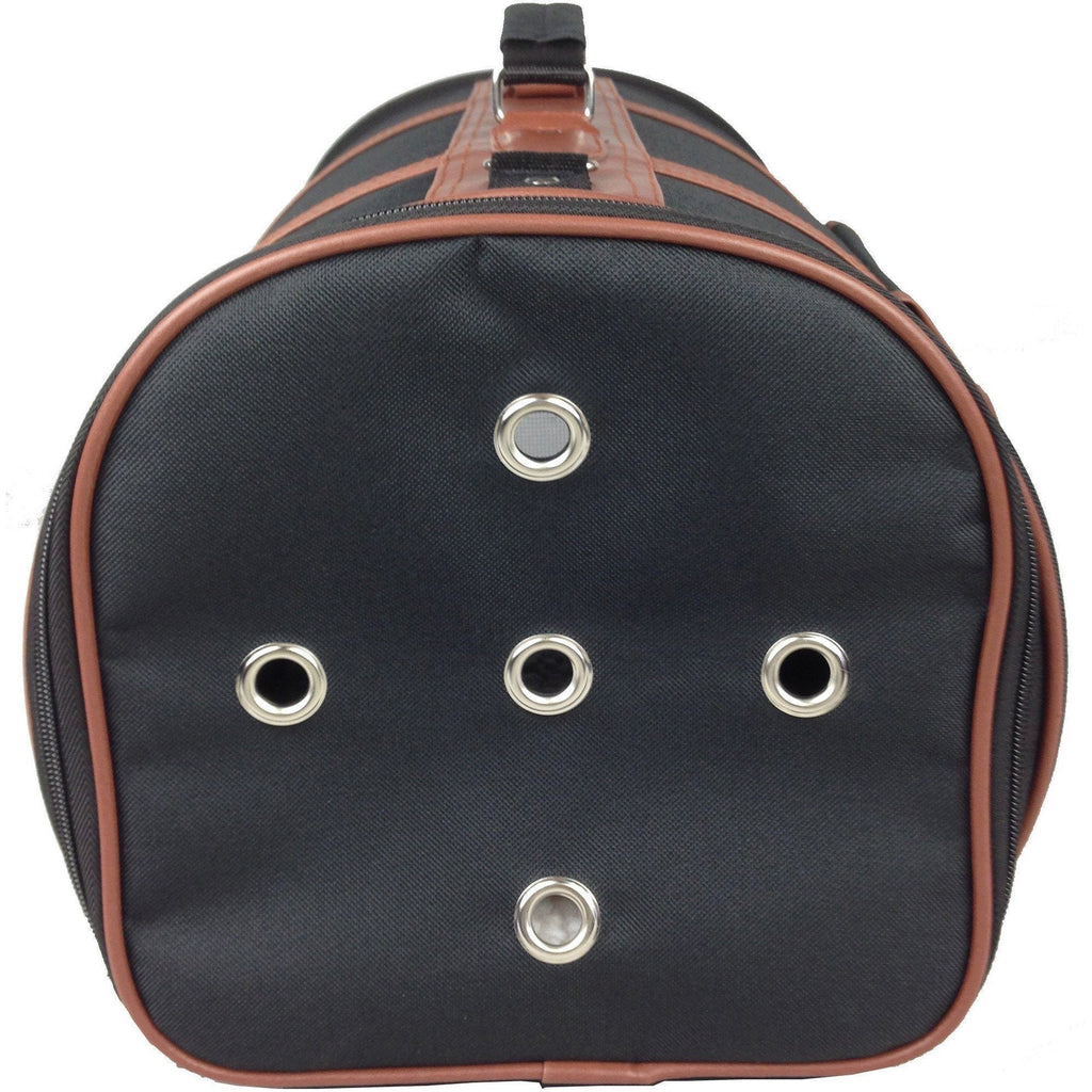 Front of cylindrical pet carrier with black panel, brown trim, metal ventilation rings
