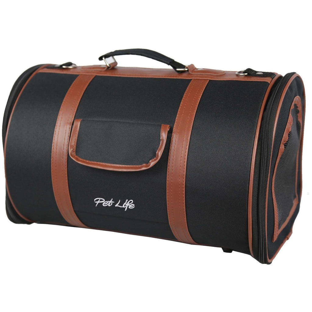 Cylindrical pet carrier in black with brown trim, top handle, zip side door