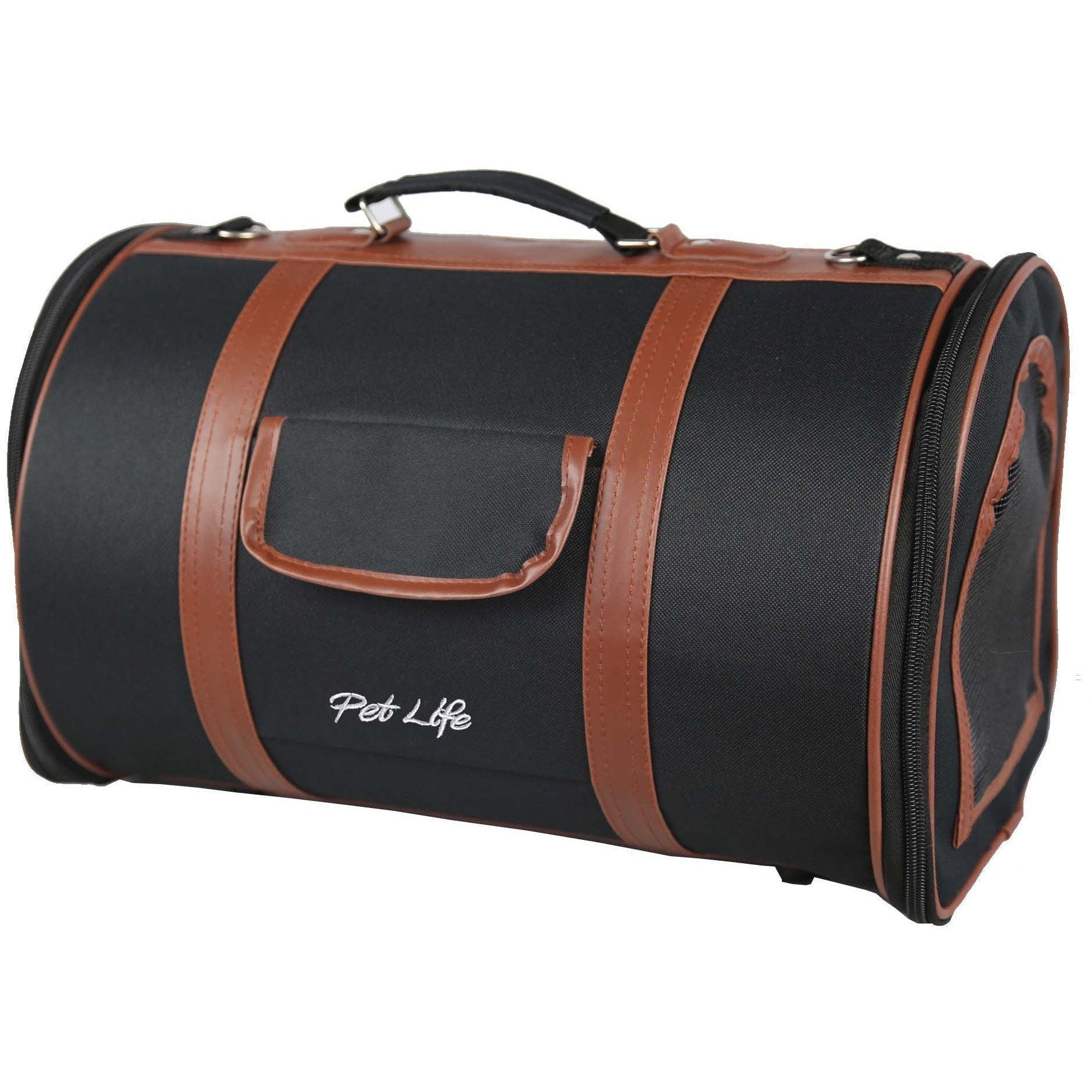 Cylindrical pet carrier in black with brown trim, top handle, zip side door