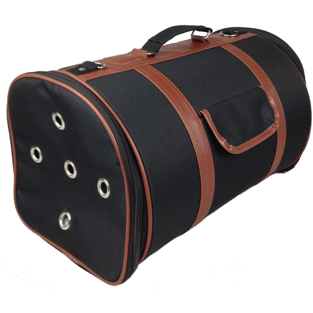 Cylindrical pet carrier with brown leather-look straps, front zip panel, metal eyelets