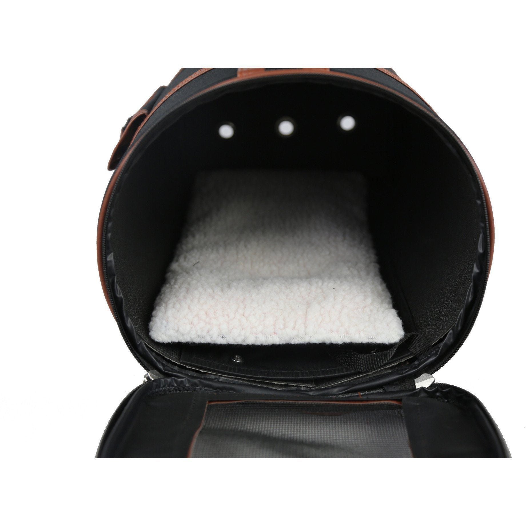 Cylindrical pet carrier interior with soft gray padding and brown-trimmed opening