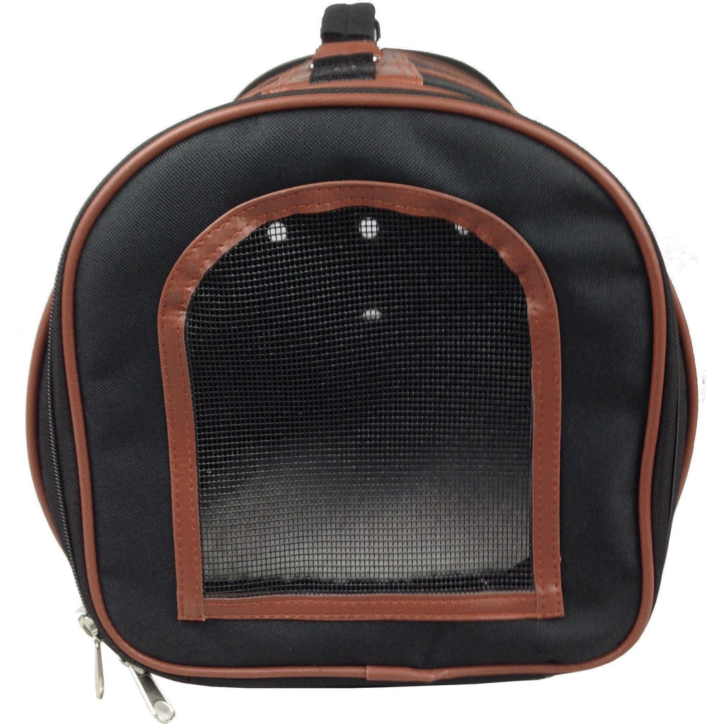 Cylindrical pet carrier with mesh window door and brown leather-look frame, front view