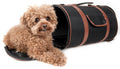 Cylindrical pet dog carrier with black fabric and brown leather trim, open entry for pet