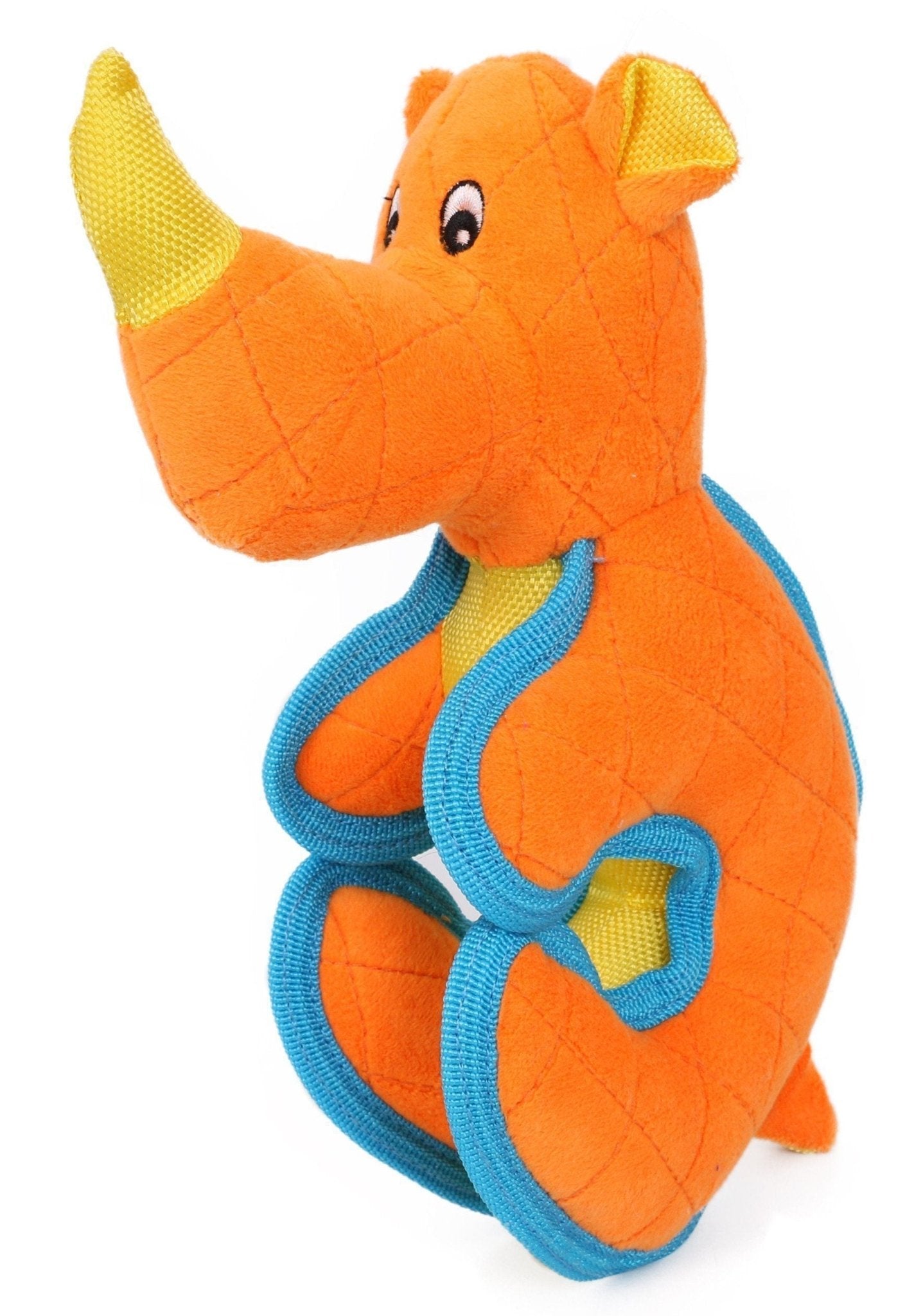 Orange dinosaur plush squeaker dog toy with blue cord arms and yellow ear tips