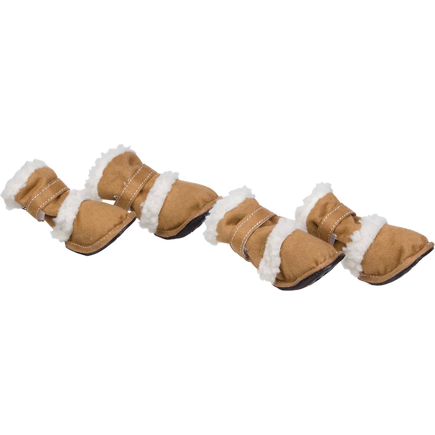 Insulated dog booties, brown with white fuzzy trim and side straps, set of 4