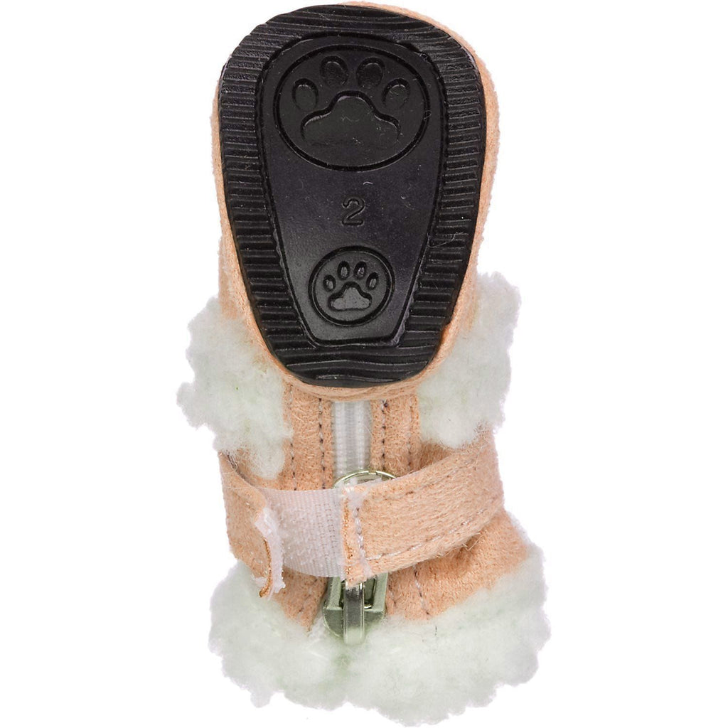 Insulated dog bootie sole view, tan top with white fuzzy lining and buckle strap