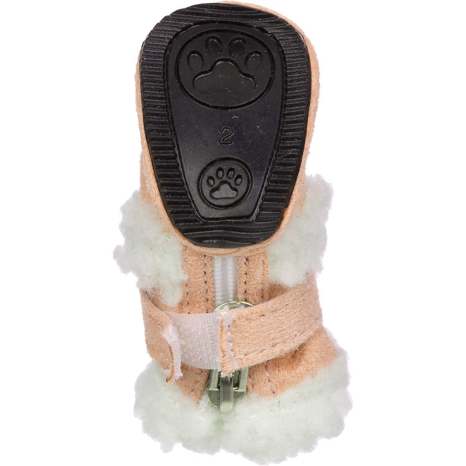 Insulated dog bootie sole view, tan top with white fuzzy lining and buckle strap