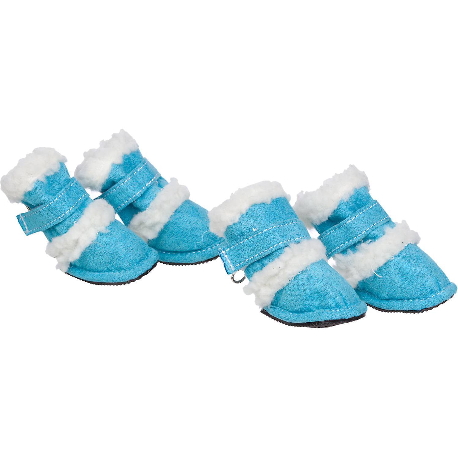 Insulated dog booties, light blue with white fuzzy trim and side straps, set of 4