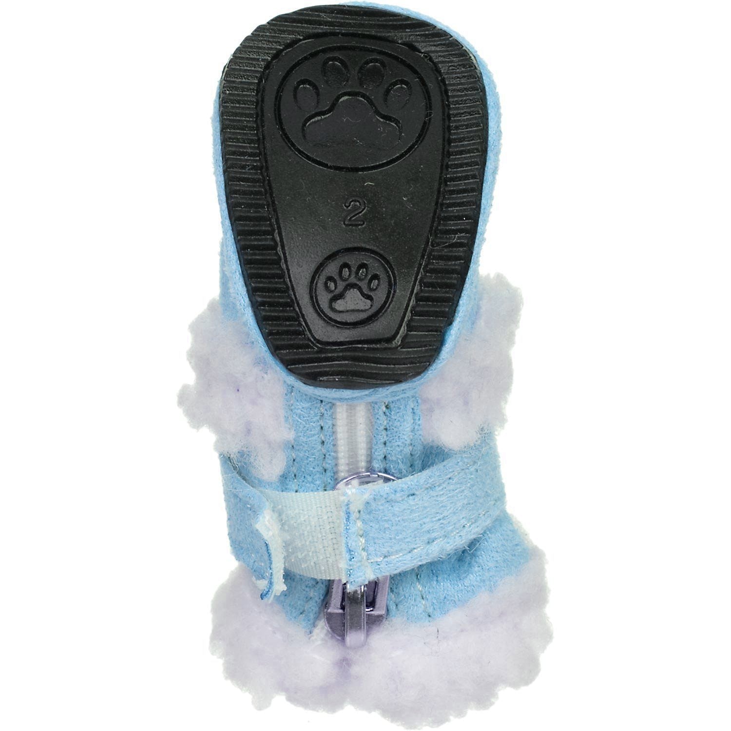 Insulated dog bootie sole view, light blue top with white fuzzy lining and buckle strap
