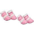 Insulated dog booties, pink with white fuzzy trim and side straps, set of 4