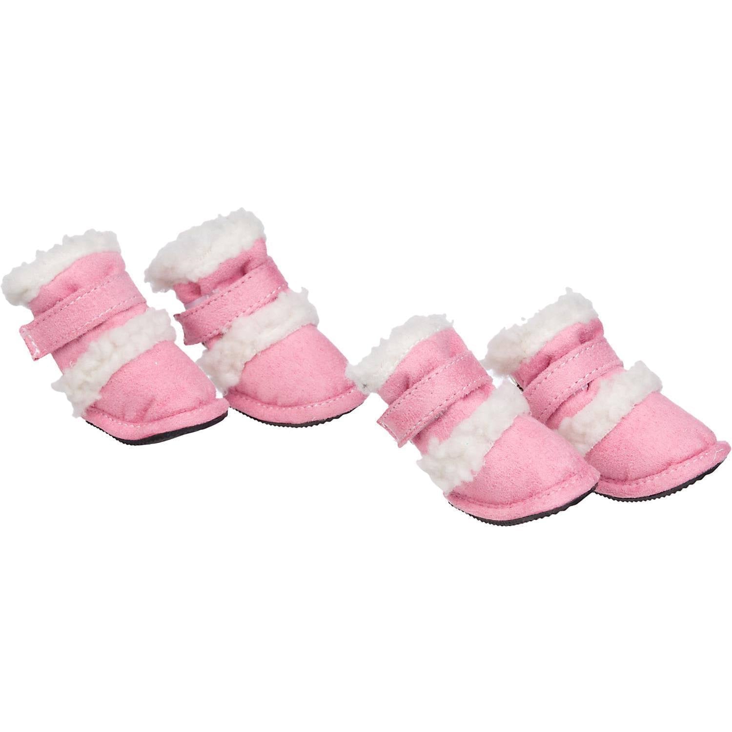 Insulated dog booties, pink with white fuzzy trim and side straps, set of 4