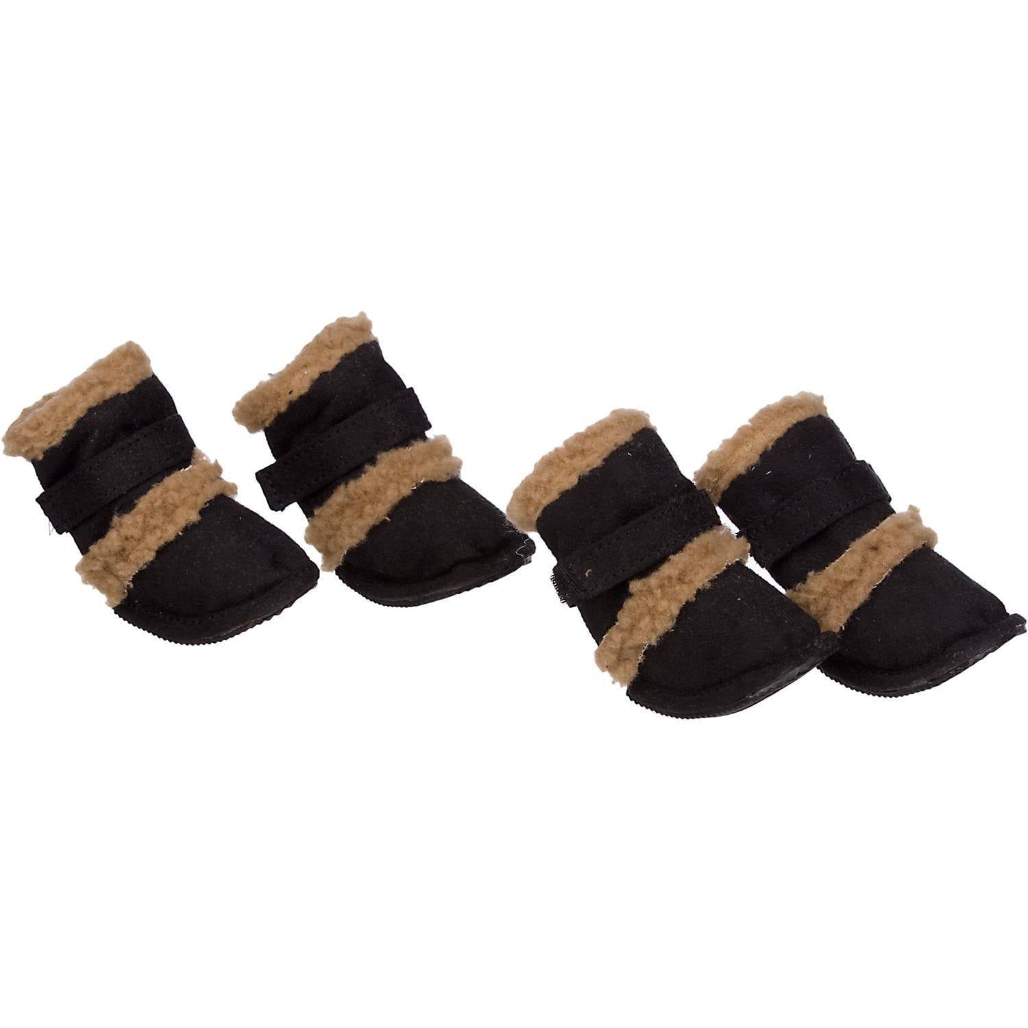 Insulated dog booties, black with tan fuzzy trim and side straps, set of 4