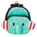 Teal plush dog backpack pouch with embroidered eyes and red-and-white striped sides
