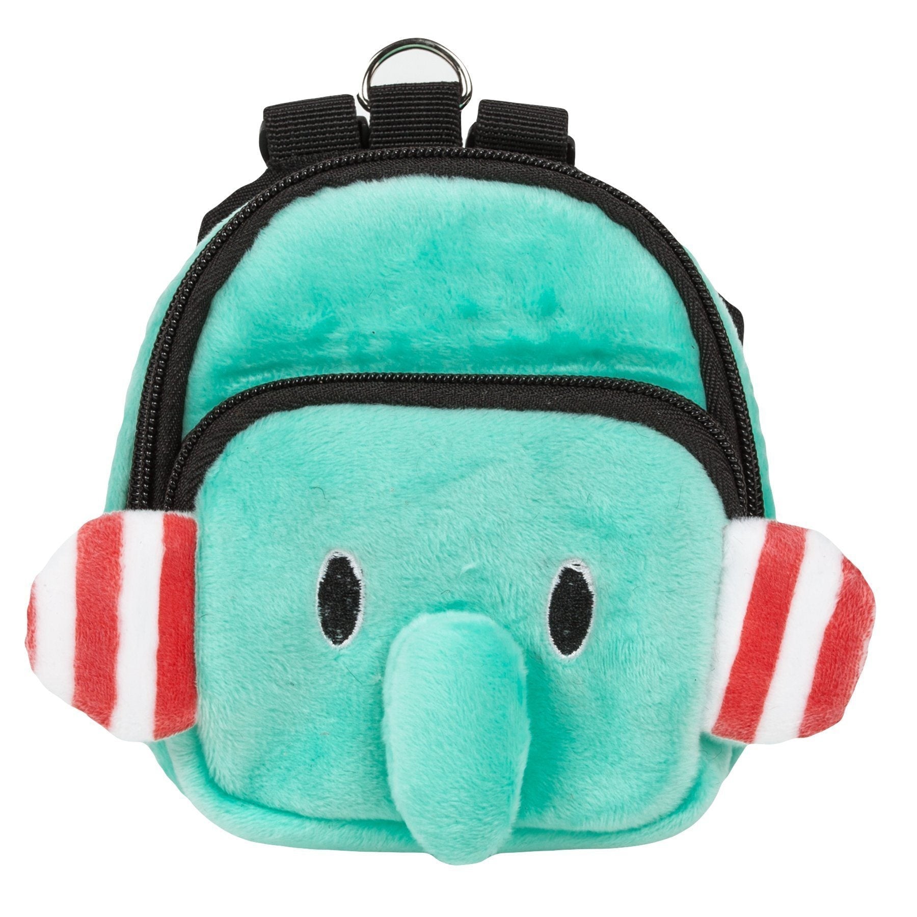 Teal plush dog backpack pouch with embroidered eyes and red-and-white striped sides