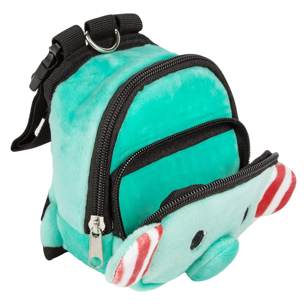 Teal plush dog backpack with front zipper and black straps, red-striped accent at bottom