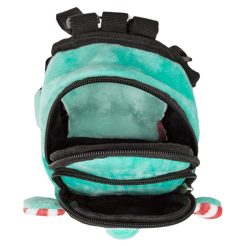 Teal plush dog backpack with open front pocket, black zipper, plush face details