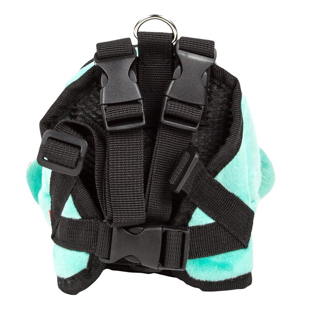 Teal plush dog harness backpack with padded black strap system and top carry ring