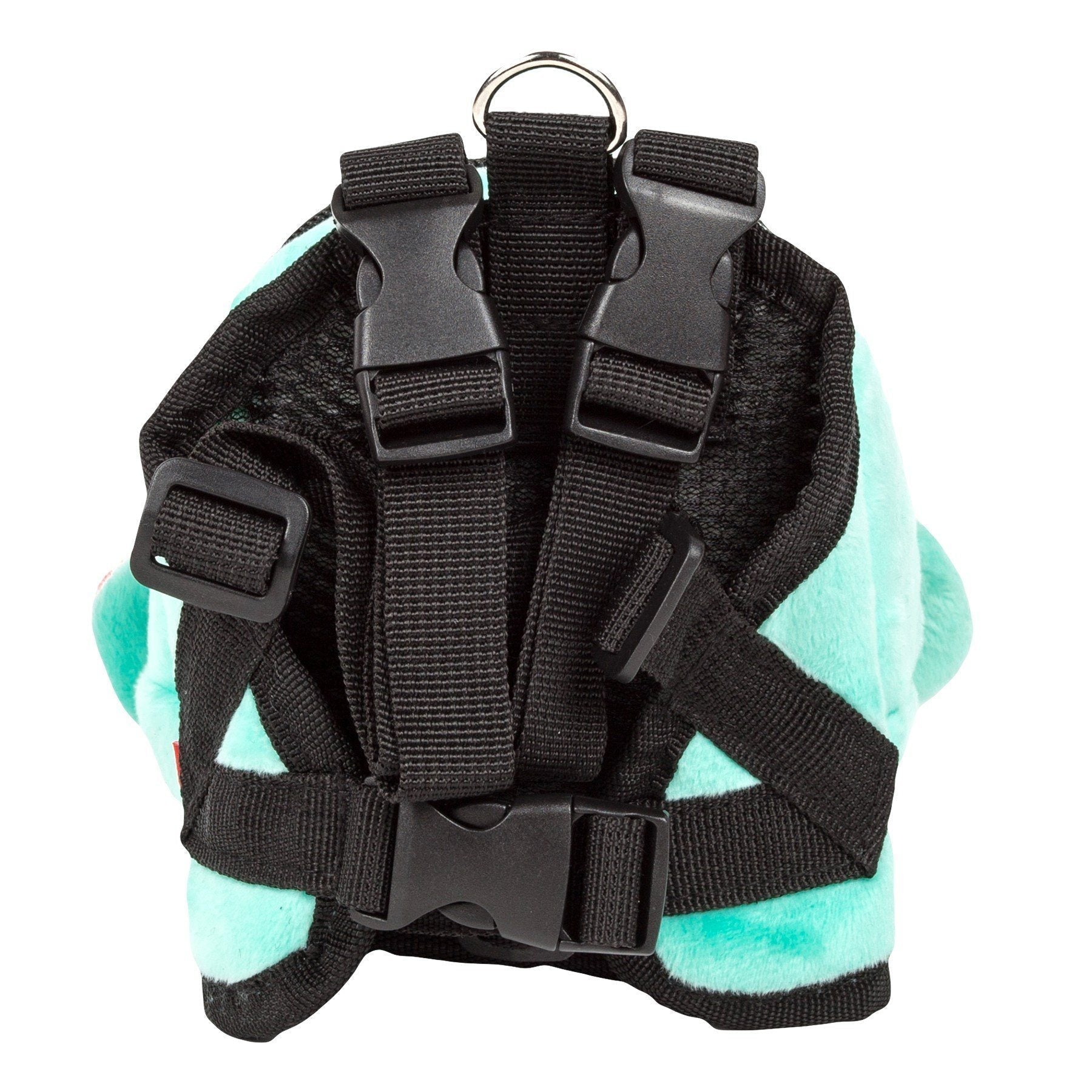 Teal plush dog harness backpack with padded black strap system and top carry ring