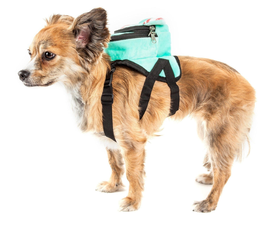 Teal plush dog harness backpack with black straps, side view, worn on dog
