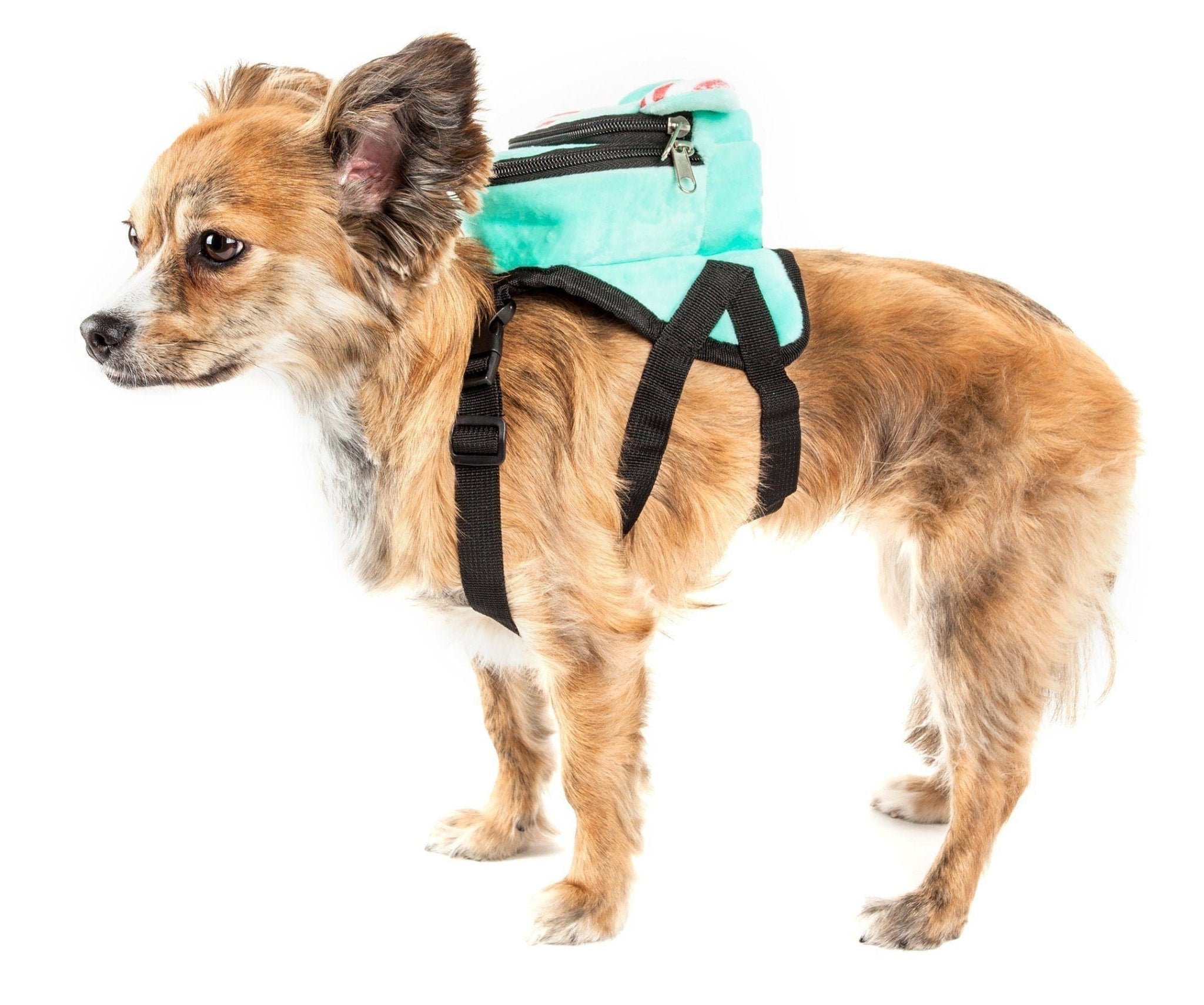 Teal plush dog harness backpack with black straps, side view, worn on dog