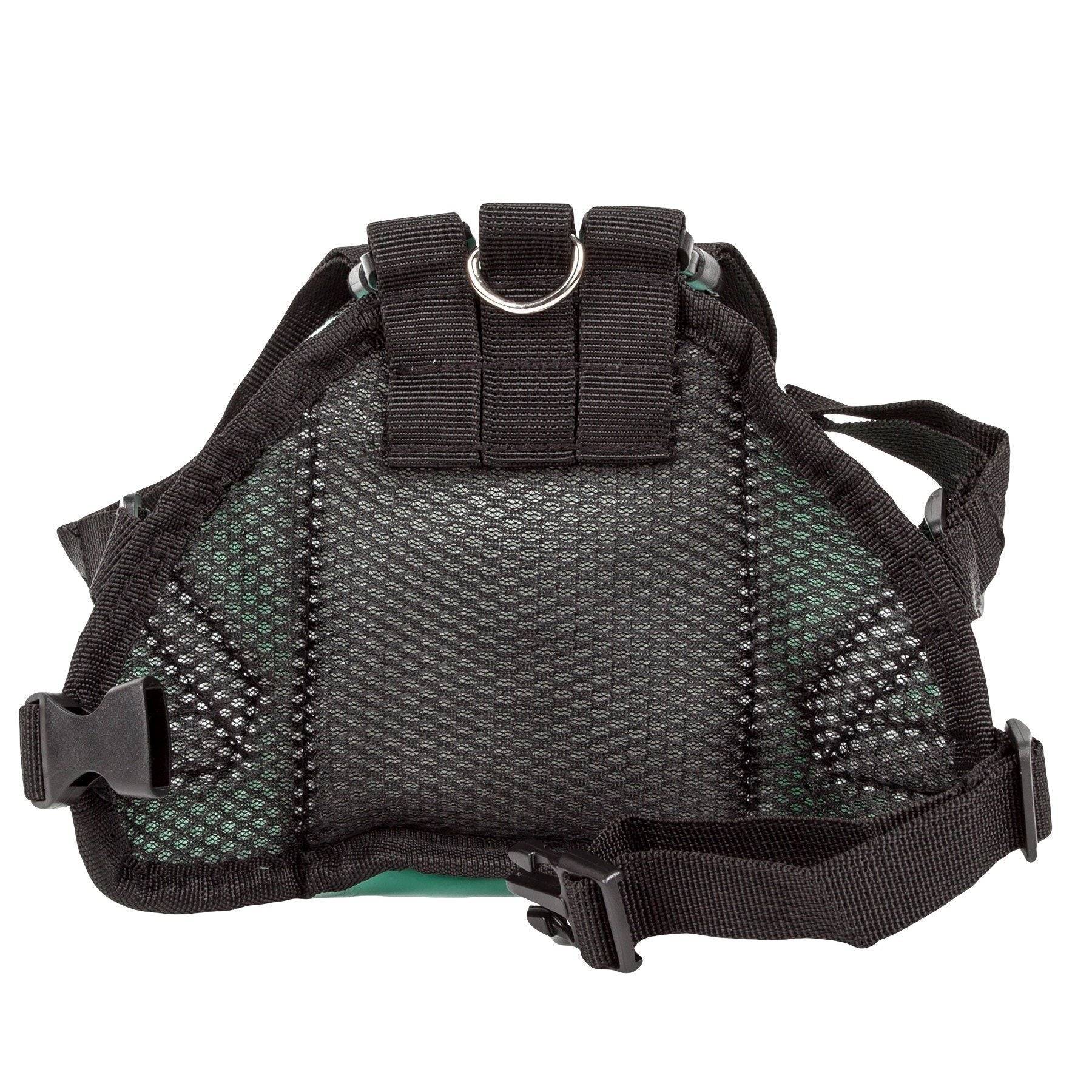 Teal plush dog harness backpack back panel with mesh lining and black adjustable straps