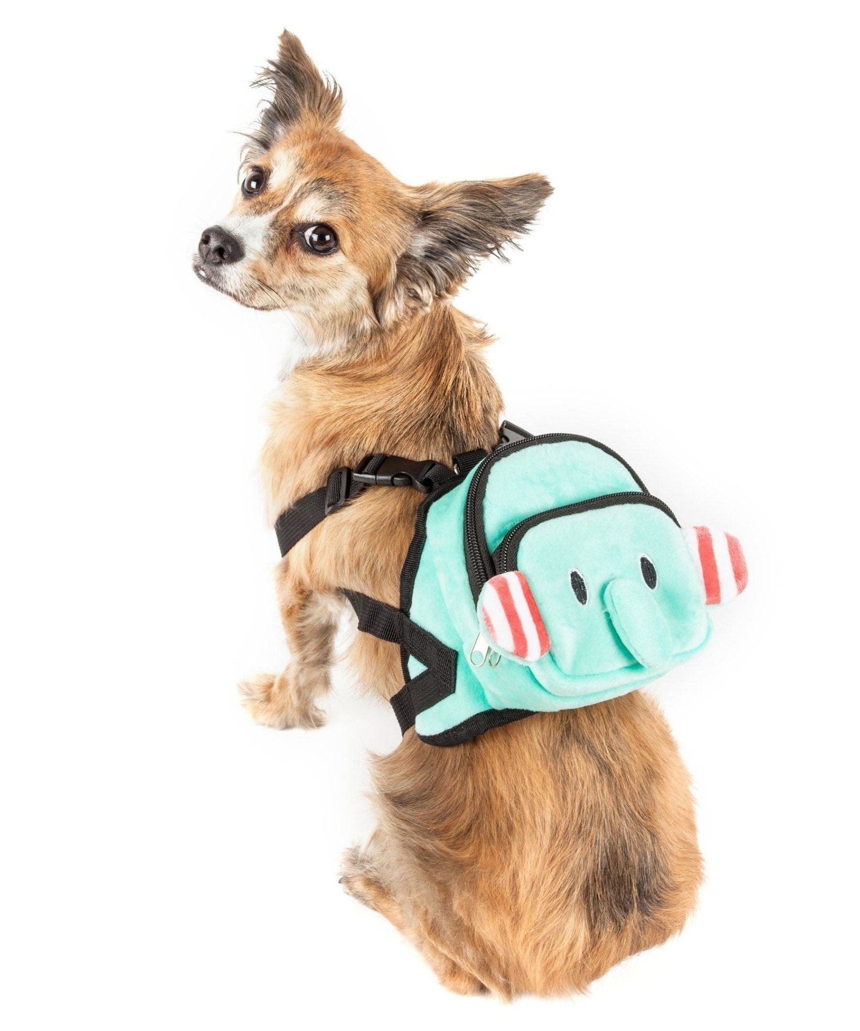 Teal plush dog harness backpack with cartoon elephant face, black straps, worn on dog
