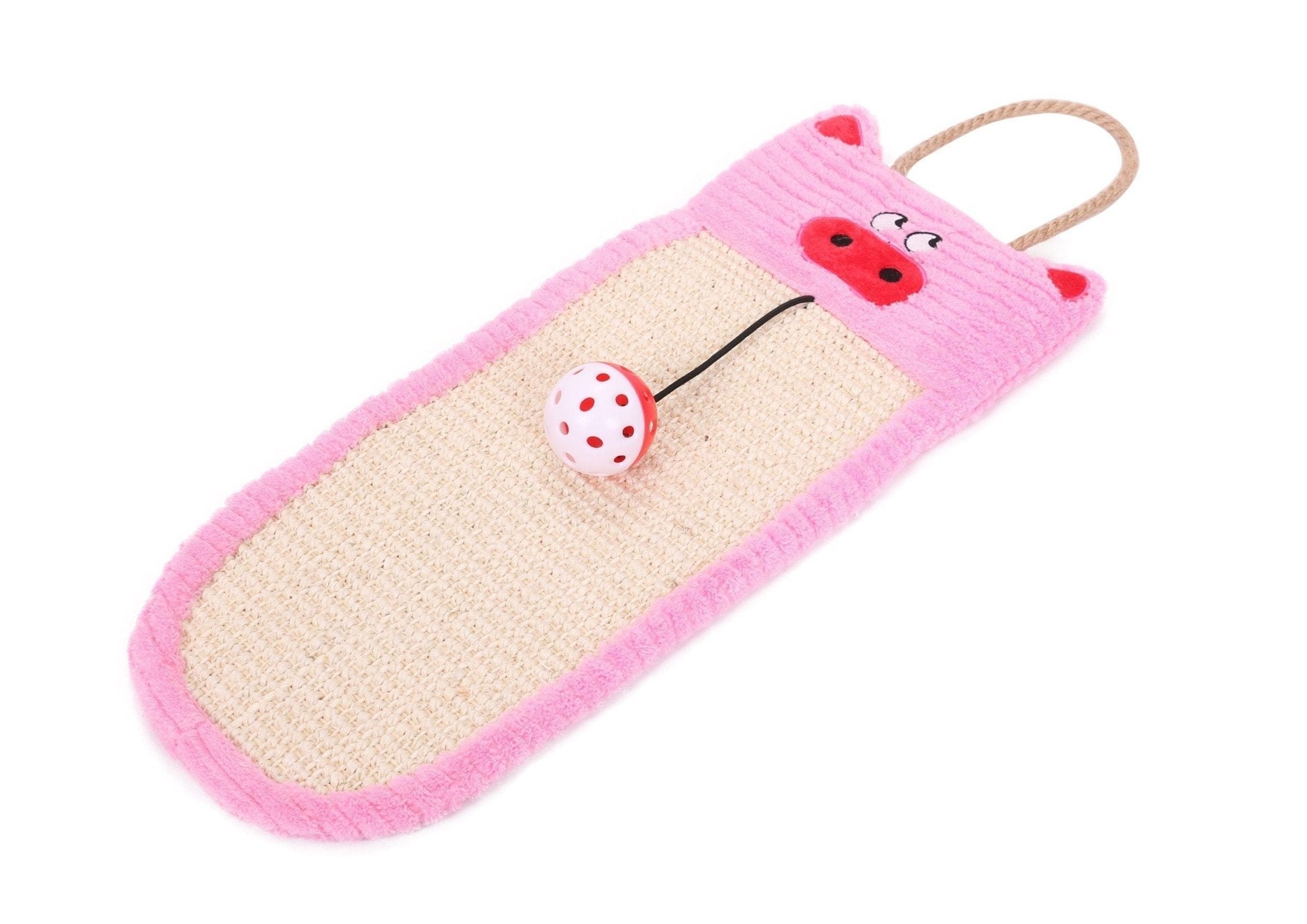 Cat hanging sisal and jute scratcher rug, pink border with beige center, hanging loop and red toy