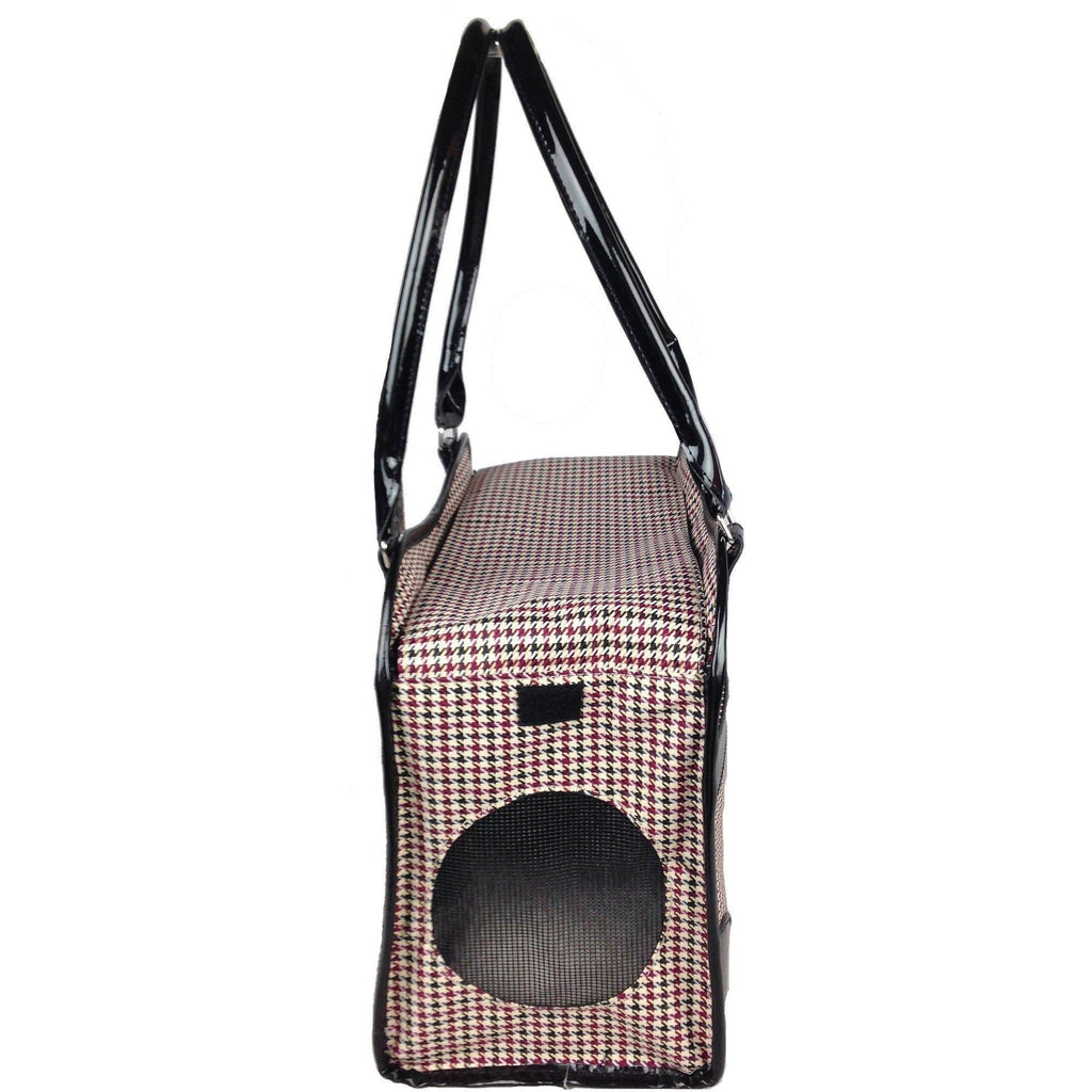 Pet dog travel carrier handbag with houndstooth front and round mesh window