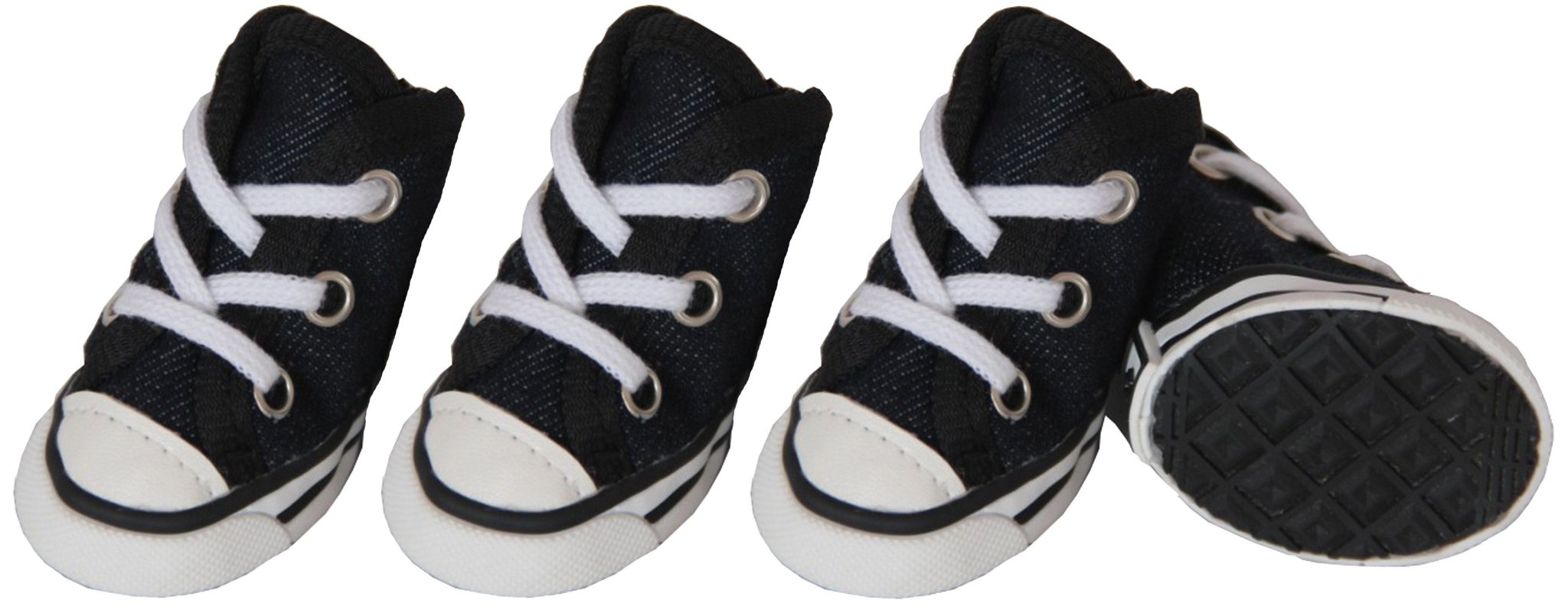 Pet dog canvas sneakers, black with white toe and side stripes, lace-up rubber sole.