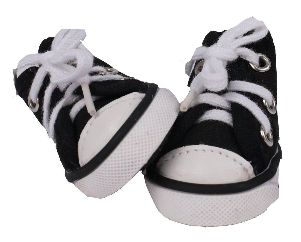Pet dog canvas sneakers, black with white panels and laces, rubber grip sole.