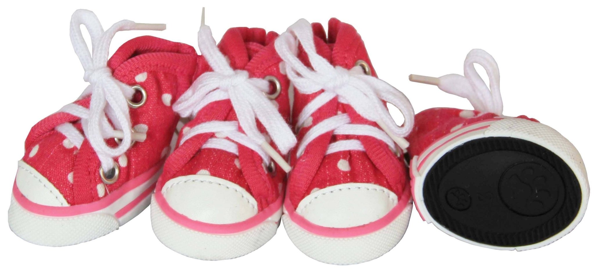 Pet dog canvas sneakers, red with white polka, pink trim, lace-up rubber grip sole.